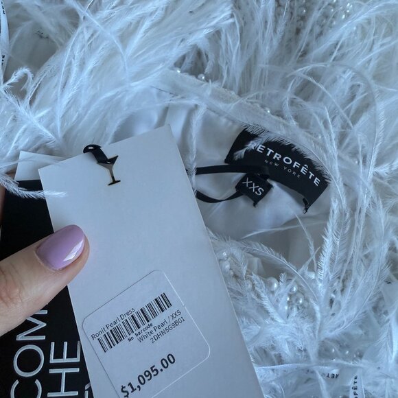 NWT Retrofete Ronit Pearl  Mini Dress Off Shoulder Bodycon Feather Trim Sz XXS - Picture 3 of 13